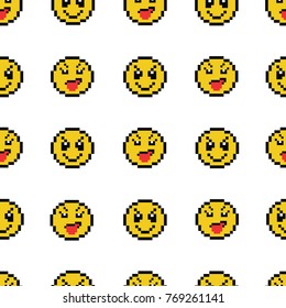 Emoticons smile people faces vector seamless pattern on white background. Yellow isolated various emoji icons texture template in pixel art use for fabric cloth, swimwear, design wallpaper, wrapping.
