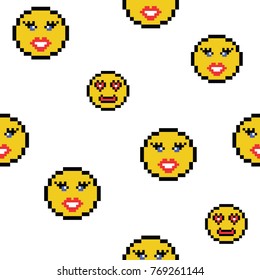 Emoticons smile people faces vector seamless pattern on white background. Yellow isolated various emoji icons texture template in pixel art use for fabric cloth, swimwear, design wallpaper, wrapping.