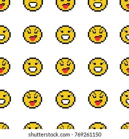 Emoticons smile people faces vector seamless pattern on white background. Yellow isolated various emoji icons texture template in pixel art use for fabric cloth, swimwear, design wallpaper, wrapping.