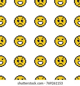 Emoticons smile people faces vector seamless pattern on white background. Yellow isolated various emoji icons texture template in pixel art use for fabric cloth, swimwear, design wallpaper, wrapping.