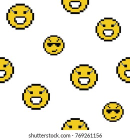 Emoticons smile people faces vector seamless pattern on white background. Yellow isolated various emoji icons texture template in pixel art use for fabric cloth, swimwear, design wallpaper, wrapping.