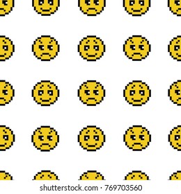 Emoticons smile people faces vector seamless pattern on white background. Yellow isolated various emoji icons texture template in pixel art use for fabric cloth, swimwear, design wallpaper, wrapping.