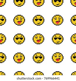 Emoticons smile people faces vector seamless pattern on white background. Yellow isolated various emoji icons texture template in pixel art use for fabric cloth, swimwear, design wallpaper, wrapping.