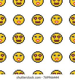 Emoticons smile people faces vector seamless pattern on white background. Yellow isolated various emoji icons texture template in pixel art use for fabric cloth, swimwear, design wallpaper, wrapping.