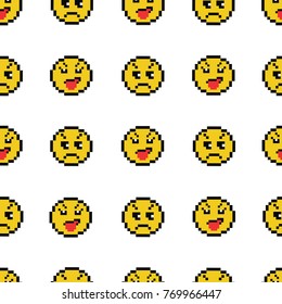 Emoticons smile people faces vector seamless pattern on white background. Yellow isolated various emoji icons texture template in pixel art use for fabric cloth, swimwear, design wallpaper, wrapping.