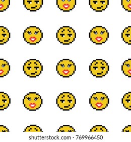 Emoticons smile people faces vector seamless pattern on white background. Yellow isolated various emoji icons texture template in pixel art use for fabric cloth, swimwear, design wallpaper, wrapping.