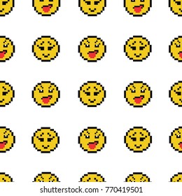 Emoticons smile people faces vector seamless pattern on white background. Yellow isolated various emoji icons texture template in pixel art use for fabric cloth, swimwear, design wallpaper, wrapping.