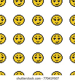 Emoticons smile people faces vector seamless pattern on white background. Yellow isolated various emoji icons texture template in pixel art use for fabric cloth, swimwear, design wallpaper, wrapping.