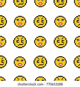 Emoticons smile people faces vector seamless pattern on white background. Yellow isolated various emoji icons texture template in pixel art use for fabric cloth, swimwear, design wallpaper, wrapping.