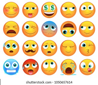 Emoticons or smiley icons set for web.  Emoji cartoon faces. Smiley with different emotions.  Sad, happy, cold, angry, in love, crying, bored and more.