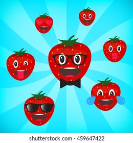 Emoticons strawberry. Set of strawberry emoticons, vector illustration. Modern collection.