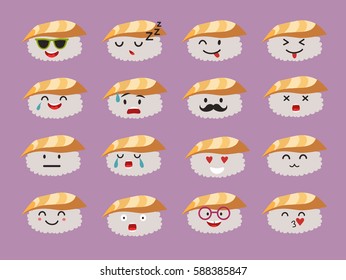 Emoticons sushi characters vector set. Funny sushi with cute faces emoticons. Happy sashimi with acne. Emoji flat cartoon style. Asian food