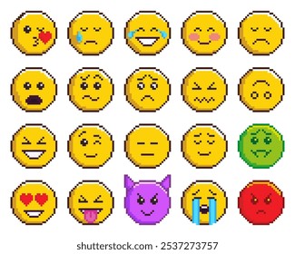 Emoticons with various emotions in pixel art. Cute funny faces in 8bit. Retro colorful graphic illustrations isolated on white background. Vector illustration.