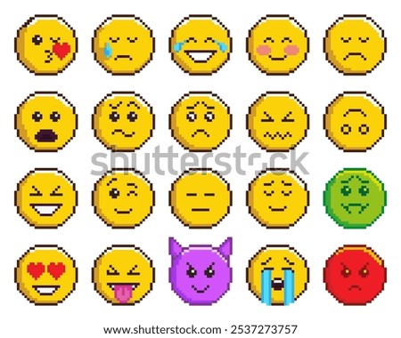 Emoticons with various emotions in pixel art. Cute funny faces in 8bit. Retro colorful graphic illustrations isolated on white background. Vector illustration.