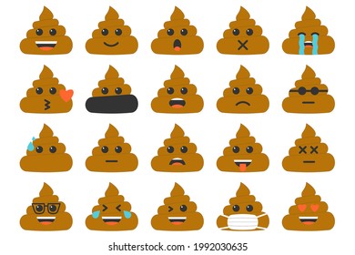 Emoticons vector icons set. Emoji collection. Poop funny emotion icons happy, laughing and crying isolated on white background.