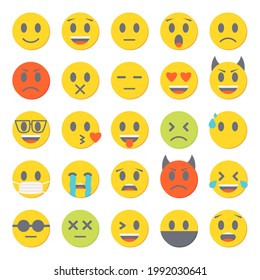Emoticons vector icons set. Emoji collection. Flat funny emotion icons happy, laughing and crying isolated on white background.