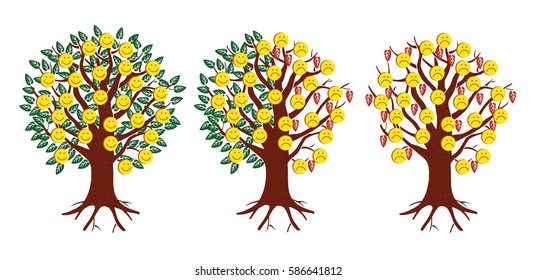 Emoticons. Vector illustration. Three trees with funny and sad smiles. Harvest likes. Suitable as illustrations for social networks.