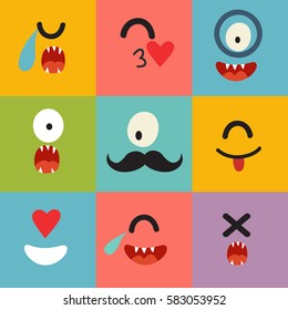 Emoticons vector pattern. Emoji cute cyclops square icons. Cute emoji colorfull illustration. Monsters, flat cartoon style. Face funny halloween backgound
