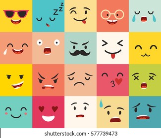 Padrão vetorial de emoticons. Ícones quadrados Emoji. Ilustração colorfull emoji bonito. Grande conjunto estilo de desenho animado plano. Rosto engraçado backgound