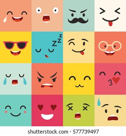 Emoticons vector pattern. Emoji square icons. Cute emoji colorfull illustration. Big set flat cartoon style. Face  funny backgound