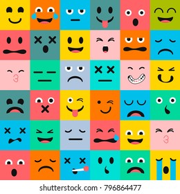 Emoticons vector pattern. Emoji square icons. Cute emoji colorfull illustration. Big set flat cartoon style. Face funny backgound