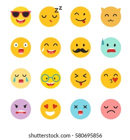 Emoticons vector set. Emoji icons, yellow circle illustration. Cute funny emoji. Emoji big set flat cartoon style. Isolated on white background