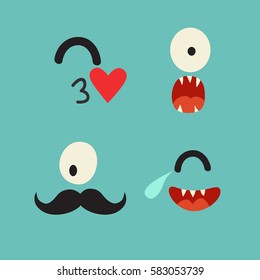 Emoticons vector template. Emoji funny cyclops face icons. Cute emoji template, cartoon style. Cute cyclops vector set. Cartoon funny emoticons. Monsters caracters, flat cartoon style.
