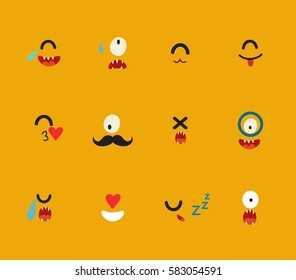 Emoticons vector template. Emoji funny cyclops face icons. Cute emoji template, cartoon style. Cute cyclops vector set. Cartoon funny emoticons. Monsters caracters, flat cartoon style.