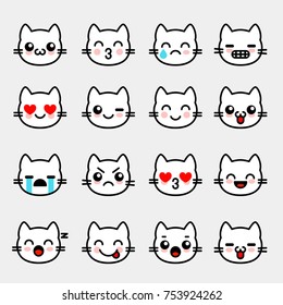 Emoticons with white kitten. Emoji collection for chat. Vector illustration set with cats faces in line style