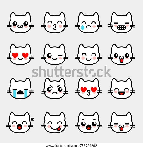 白い子猫の顔文字 チャット用の絵文字コレクション 猫の顔を線の形にしたベクターイラストセット のベクター画像素材 ロイヤリティフリー