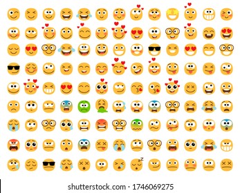 Emoticons yellow set. Smiling and sad, happy love eyes of balls, emotion circles icons, emojis with expressions funny vector illustration faces isolated on white background