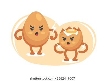 Emotion of anger of the character egg whole and broken in a cute cartoon funny flat style.
