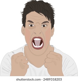 The emotion of anger. A man is very angry with clenched fists. 