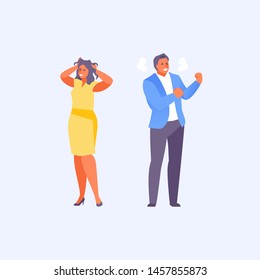 Emotion of anger and rage. An evil woman pulls out the hair on her head and a man with steam from his ears. Vector illustration