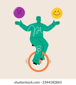 Concepto de equilibrio de movimiento. Hombre en uniciclo. Ilustración vectorial colorida
