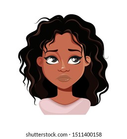 Emotion of beautiful young African American woman, upset. Face expression of cute lady. Vector illustration on white background