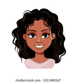 Emotion of beautiful young African American woman, cheerful. Face expression of cute lady. Vector illustration on white background