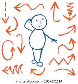 Emotion of bewildered comic man among funny red arrows. Set of hand drawn wax crayon, chalk or pencil design elements. Vector like kid`s drawing doodle simple line style collection on white background