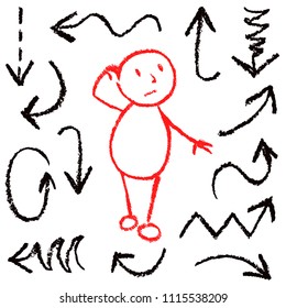 Emotion of bewildered comic man among funny arrows. Set of hand drawn wax crayon, chalk or pencil design elements. Vector like kid`s drawing doodle simple line style collection on white background.
