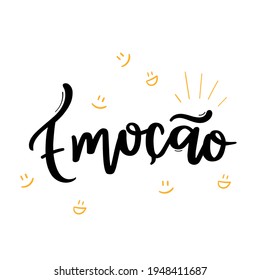 Emoção. Emoción. Calligrafía brasileña de letras a mano portuguesa. Vector.