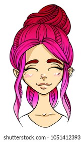 Emotion character, girl face, embarrassed facial expression with a closed eyes, smile and blush, cartoon vector illustration isolated on white background. Smiling pink-haired girl emoji face