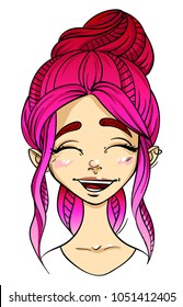 Emotion character, girl face, laughing facial expression with a closed eyes
and open mounth, cartoon vector illustration isolated on white background. Laughing pink-haired girl emoji face smiling.