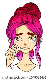 Emotion character, girl face, sad facial expression, cartoon vector illustration isolated on white background. Pink-haired girl emoji face cry