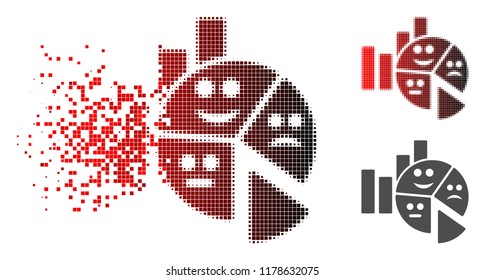Emotion charts icon in sparkle, pixelated halftone and undamaged whole versions. Particles are composed into vector sparkle emotion charts icon.