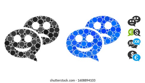 Emotion chat messages mosaic of spheric dots in various sizes and color hues, based on emotion chat messages icon. Vector round dots are organized into blue mosaic.