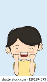 the emotion of cheerful and surprise in young man on face with the hand up , vector young man is happy
