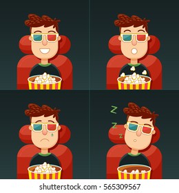 Emotion in the cinema. Fun, fear, sadness and boredom. Man in 3d glasses seating in chair with popcorn in cinema. Concept: comedy, horror, drama and boring movie.