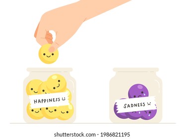 Emotion collector. Hand holding yellow smiling emoticon put into a "Happiness" jar with "Sadness" jar. Concept of metal health, emotion, feeling, attitude. Flat vector illustration.