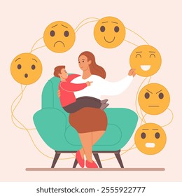 Emotion control and balance, emotional intelligence development for family wellness, parent motivation. Mother holding baby child in hands choosing happy face expression cartoon vector illustration