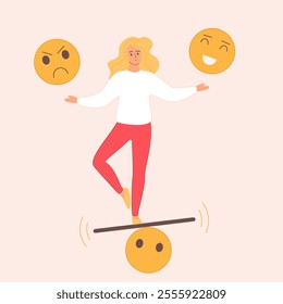 Emotion control for mental balance and stability, emotional intelligence. Tiny confused woman holding angry and happy emoji to choose between positive and negative feelings cartoon vector illustration